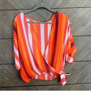Retro Inspired Boho Chic Wrap Front Blouse Bold Sunset Palette Flowy Top Sz Med